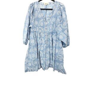 Madewell Blue & White Floral Pattern Fary Boho Vacation 3/4-Sleeve Dress Size M